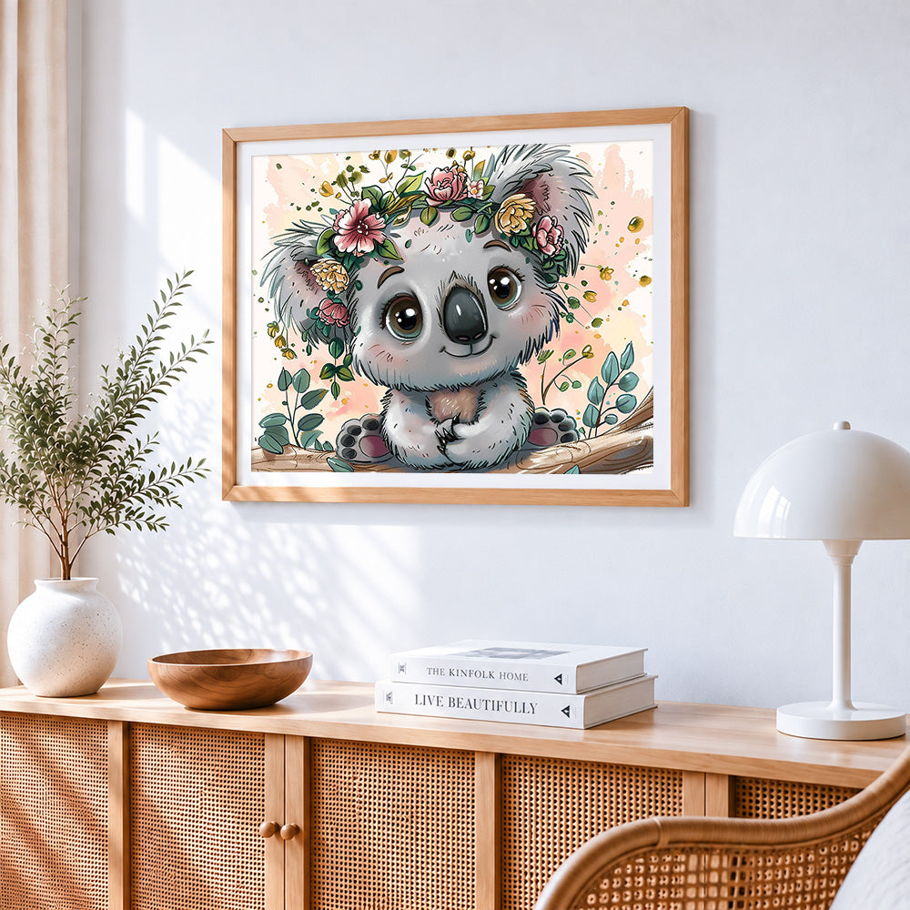 Cute koala with a floral crown paint by numbers artwork displayed on wall as home decor