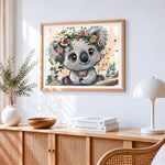 Cute koala with a floral crown paint by numbers artwork displayed on wall as home decor
