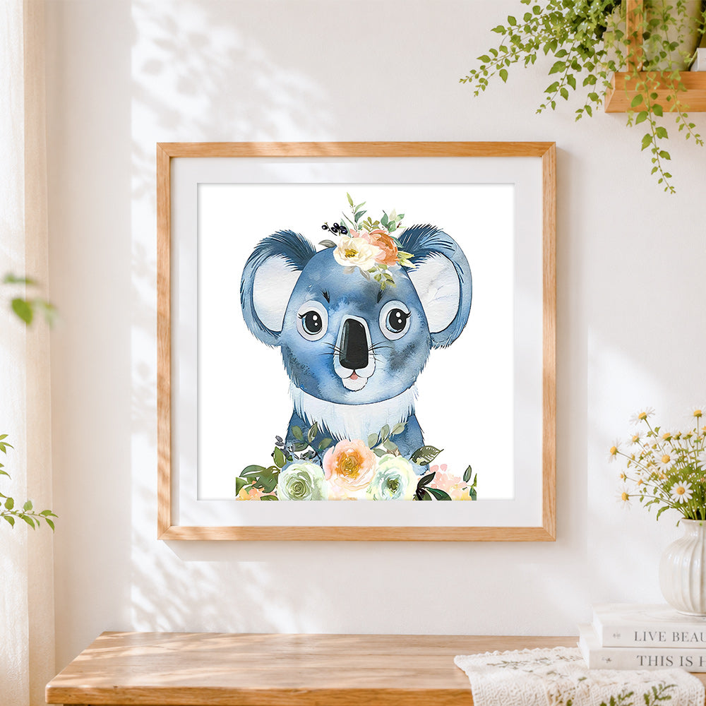 Finished cute koala with floral crown cross stitch artwork displayed