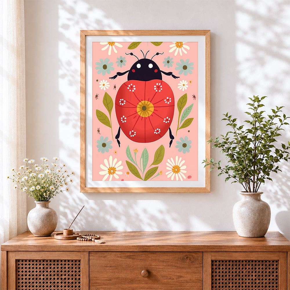 Finished cute ladybird and daisies cross stitch artwork displayed