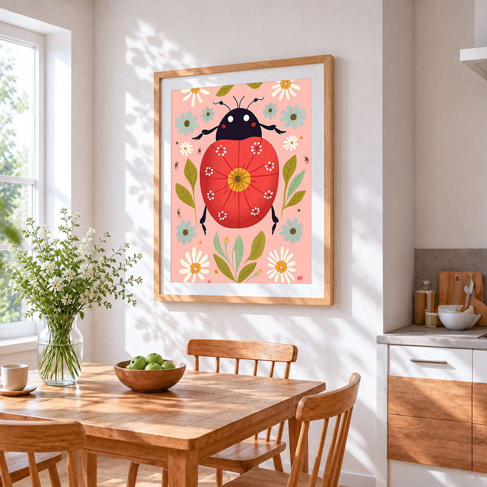 Cute ladybird and daisies cross stitch artwork displayed on wall as home decor