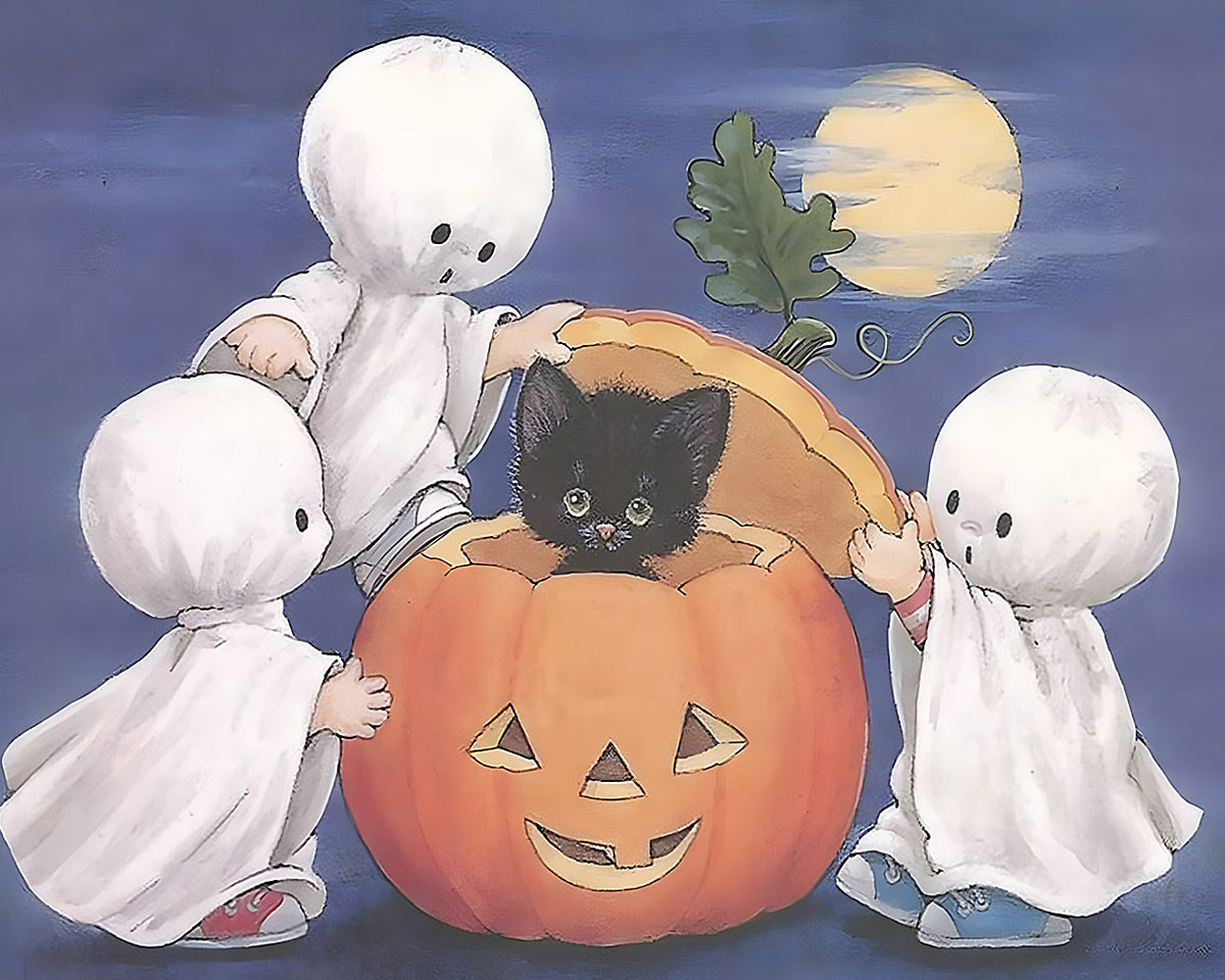 Cute little ghosts and pumpkin cross stitch kit for beginners