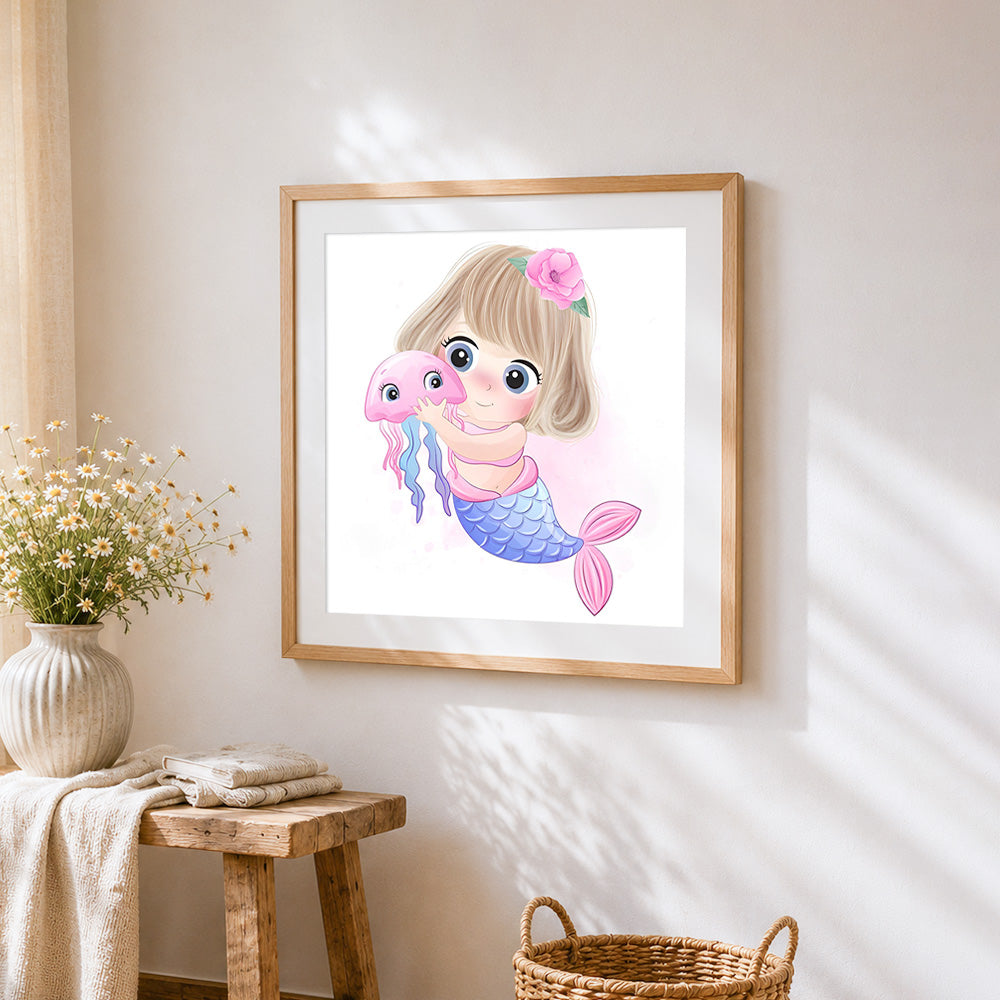 Cute mermaid and jellyfish cross stitch artwork displayed on wall as home decor