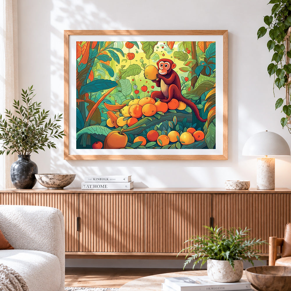 Finished cute monkey eating fruits in the jungle cross stitch artwork displayed