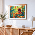 Cute monkey eating fruits in the jungle cross stitch artwork displayed on wall as home decor