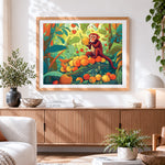 Finished cute monkey eating fruits in the jungle paint by numbers artwork displayed as home decor
