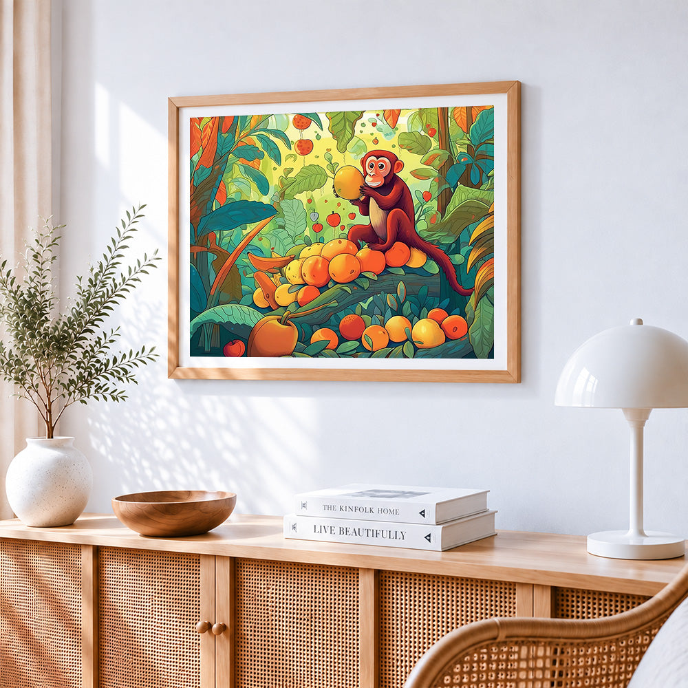 Cute monkey eating fruits in the jungle paint by numbers artwork displayed on wall as home decor