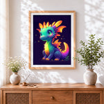Finished cute neon baby dragon cross stitch artwork displayed