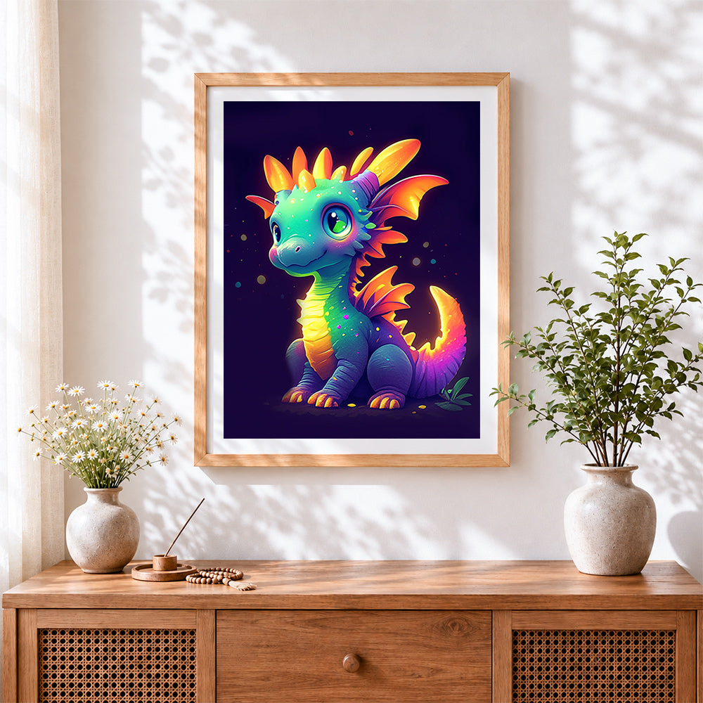 Finished cute neon baby dragon cross stitch artwork displayed