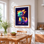 Cute neon baby dragon cross stitch artwork displayed on wall as home decor