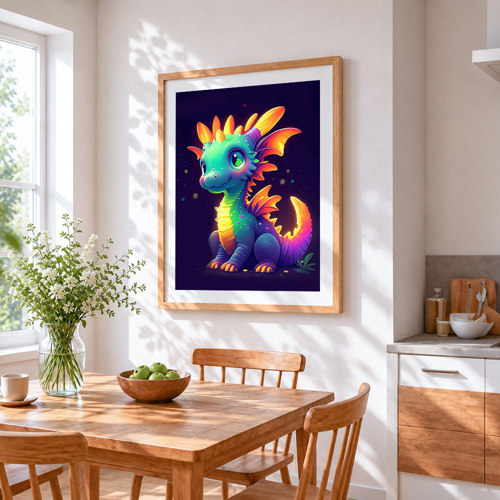 Cute neon baby dragon cross stitch artwork displayed on wall as home decor