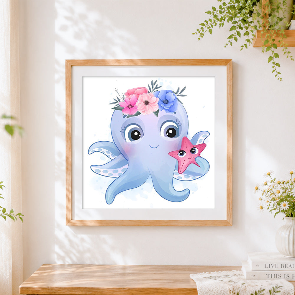 Finished cute octopus with flower crown cross stitch artwork displayed