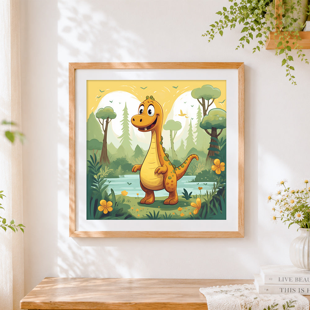 Finished cute orange dinosaur in a prehistoric forest cross stitch artwork displayed
