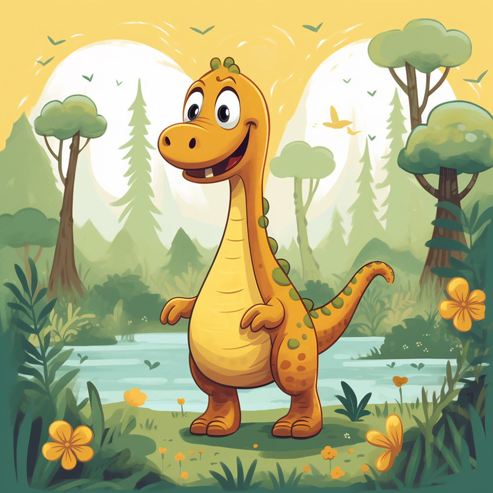 Cute orange dinosaur in a prehistoric forest cross stitch kit for beginners