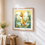 Cute orange dinosaur in a prehistoric forest cross stitch artwork displayed on wall as home decor