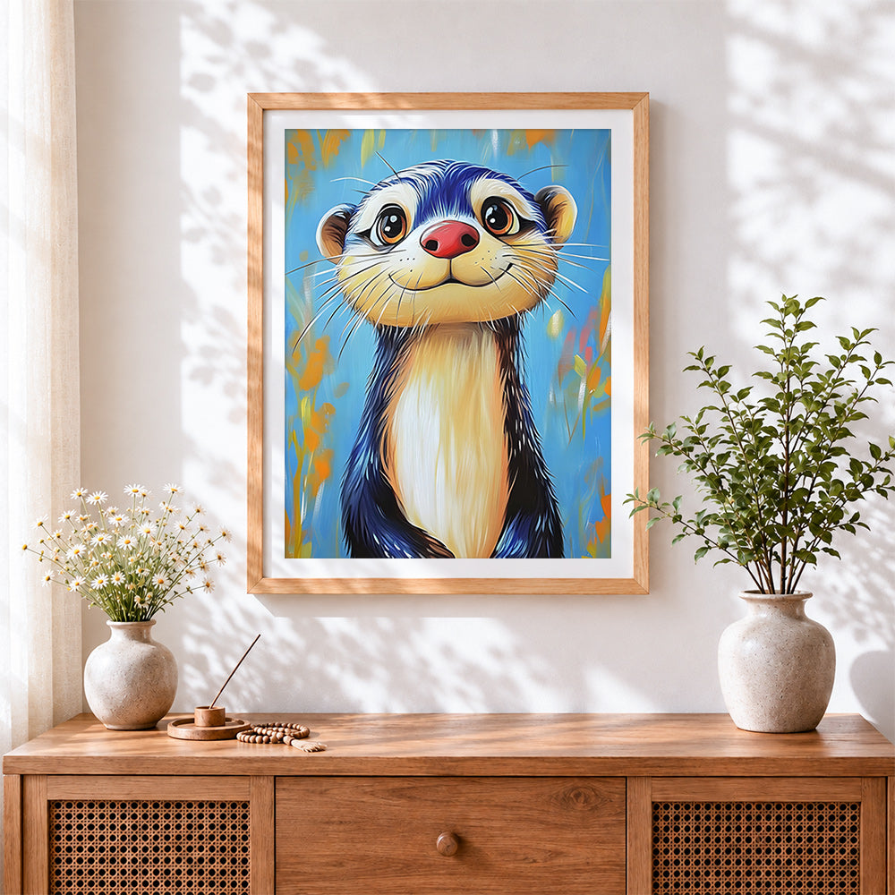 Finished cute otter portrait in blue cross stitch artwork displayed