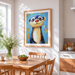 Cute otter portrait in blue cross stitch artwork displayed on wall as home decor