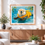 Finished cute otter with a yellow life jacket cross stitch artwork displayed