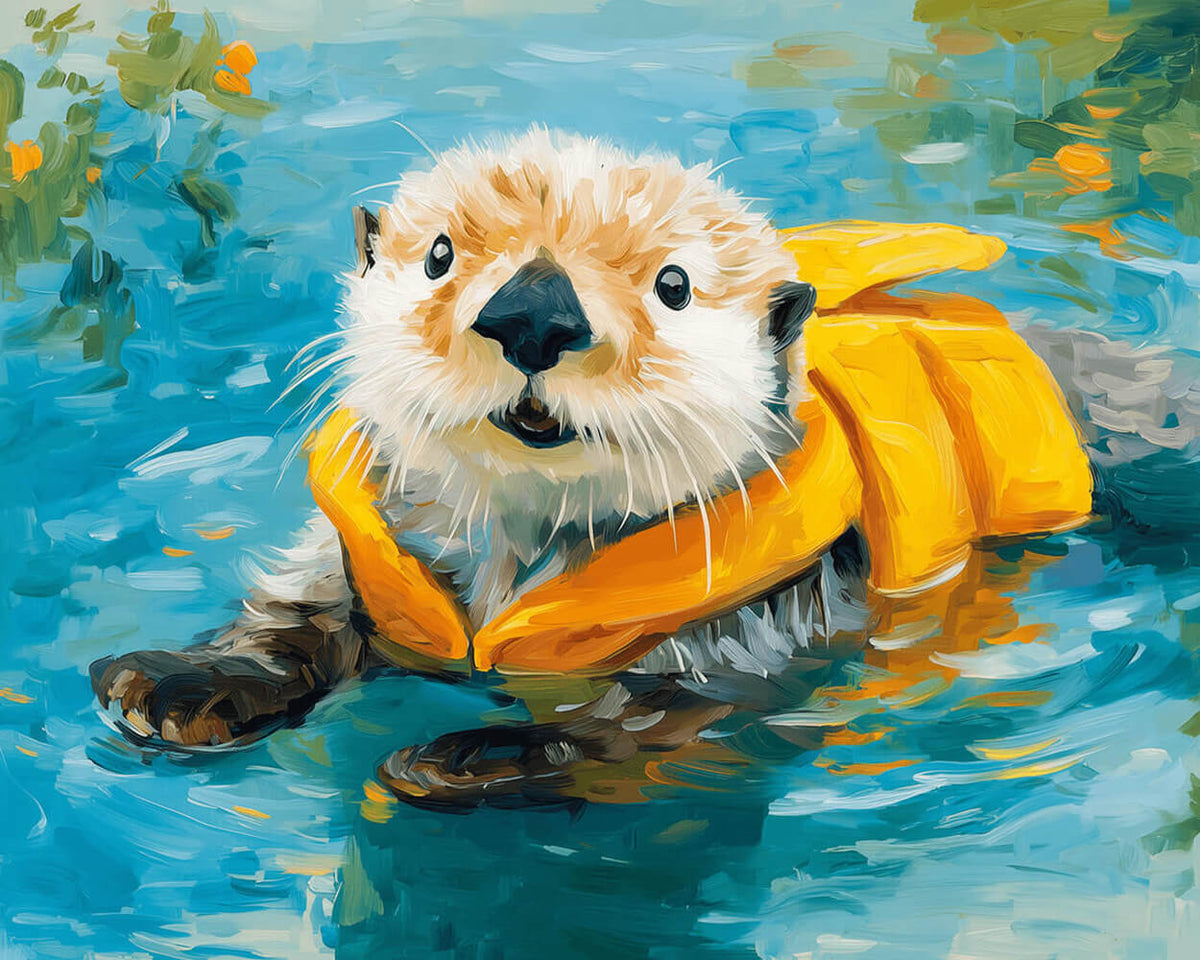 Cute otter with a yellow life jacket cross stitch kit for beginners