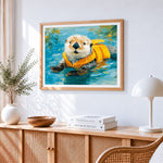 Cute otter with a yellow life jacket cross stitch artwork displayed on wall as home decor