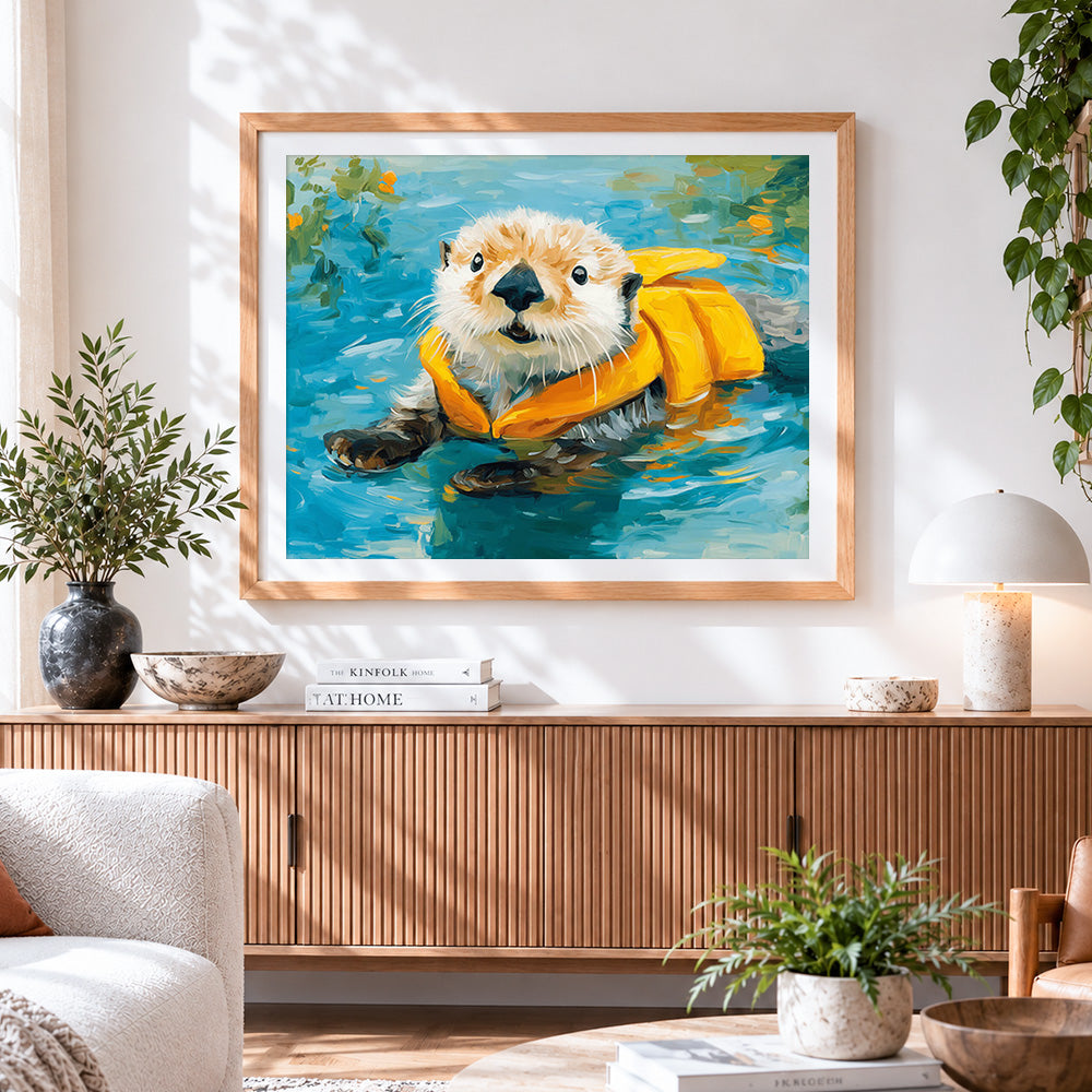 Finished cute otter with a yellow life jacket paint by numbers artwork displayed as home decor