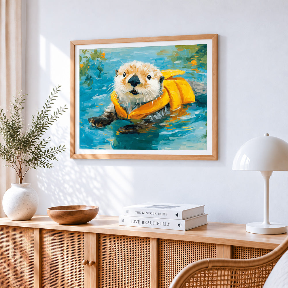 Cute otter with a yellow life jacket paint by numbers artwork displayed on wall as home decor