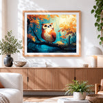 Finished cute owl in autumn forest cross stitch artwork displayed