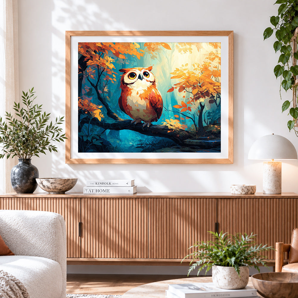 Finished cute owl in autumn forest cross stitch artwork displayed
