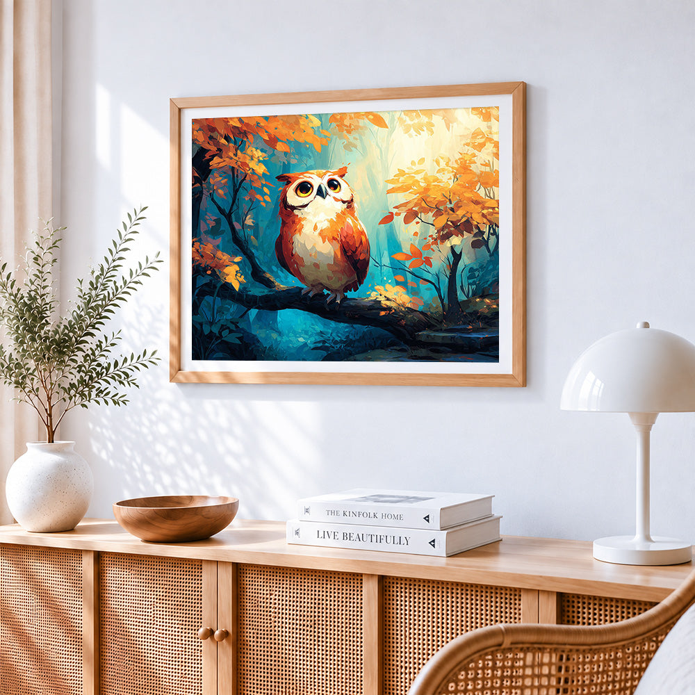 Cute owl in autumn forest cross stitch artwork displayed on wall as home decor