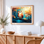 Cute owl in autumn forest cross stitch artwork displayed on wall as home decor