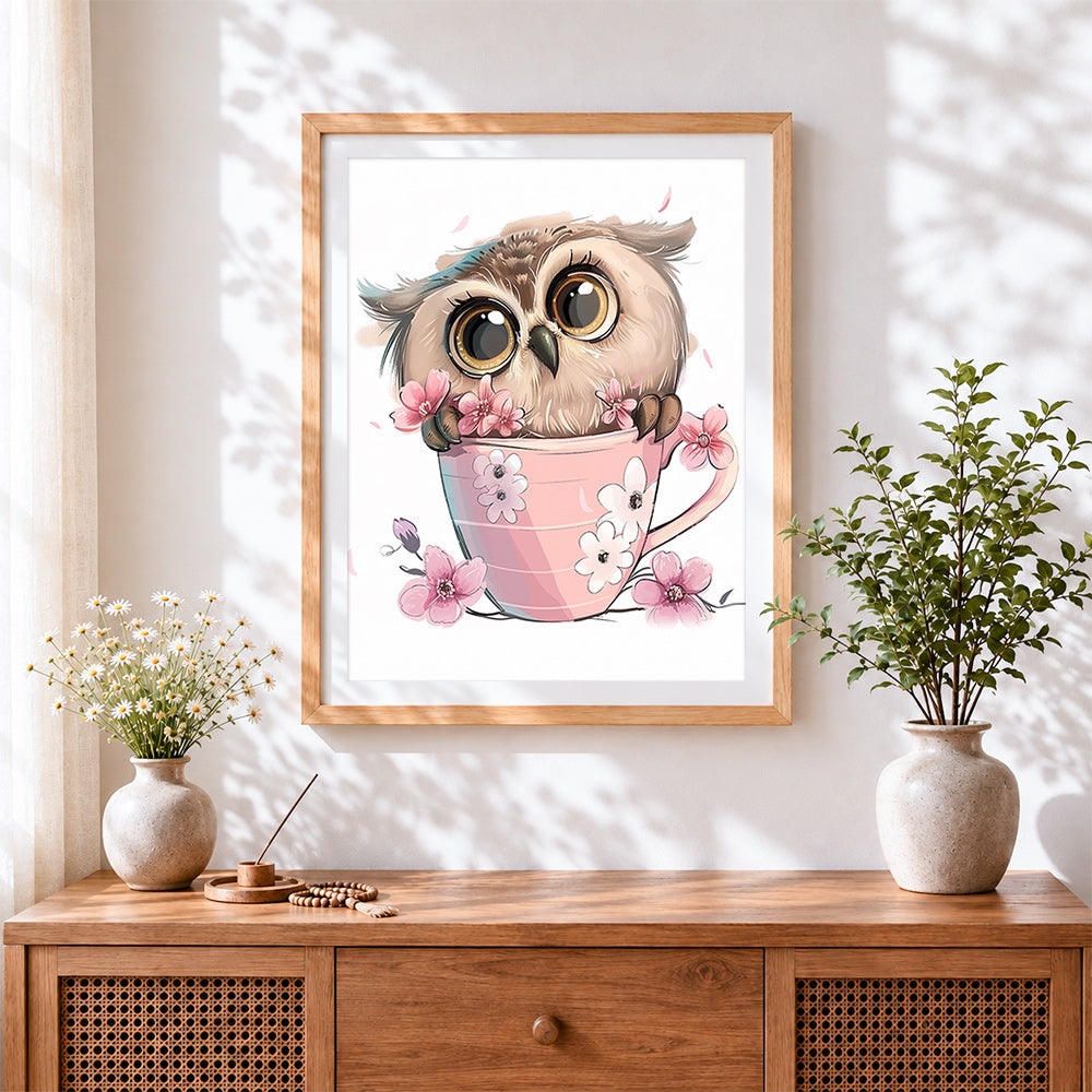 Finished cute owl in floral teacup cross stitch artwork displayed