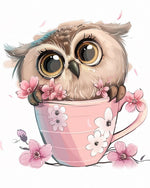 Cute owl in floral teacup cross stitch kit for beginners