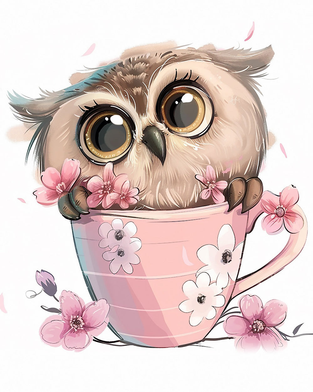 Cute owl in floral teacup cross stitch kit for beginners