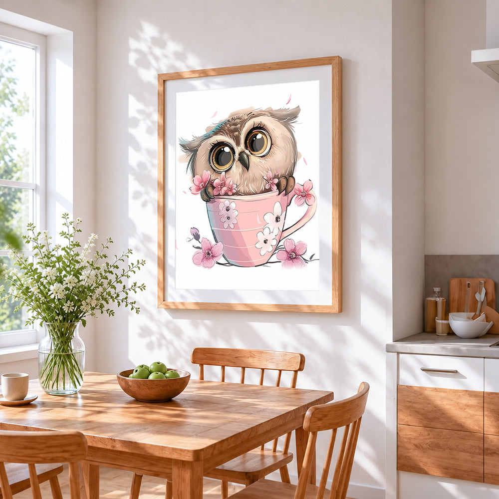 Cute owl in floral teacup cross stitch artwork displayed on wall as home decor