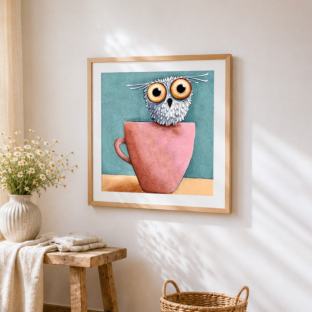 Cute owl in pink teacup cross stitch artwork displayed on wall as home decor