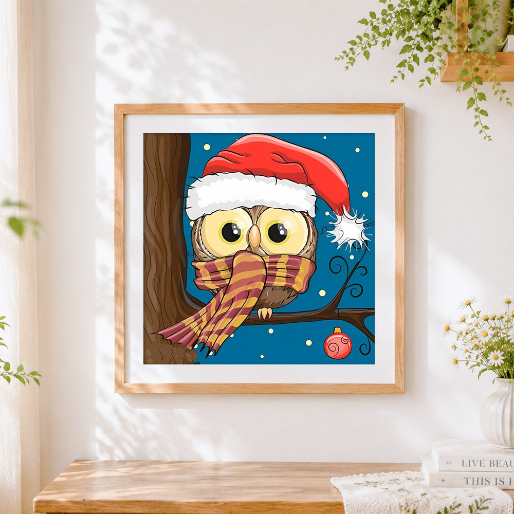 Finished cute owl with santa hat and scarf paint by numbers artwork displayed as home decor