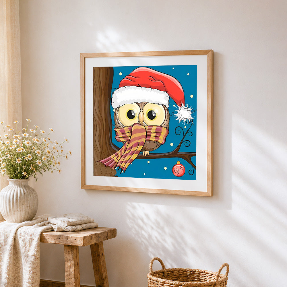 Cute owl with santa hat and scarf paint by numbers artwork displayed on wall as home decor