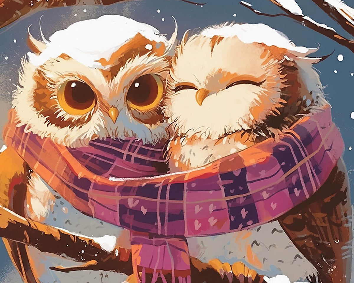Cute owls sharing a cosy scarf cross stitch kit for beginners