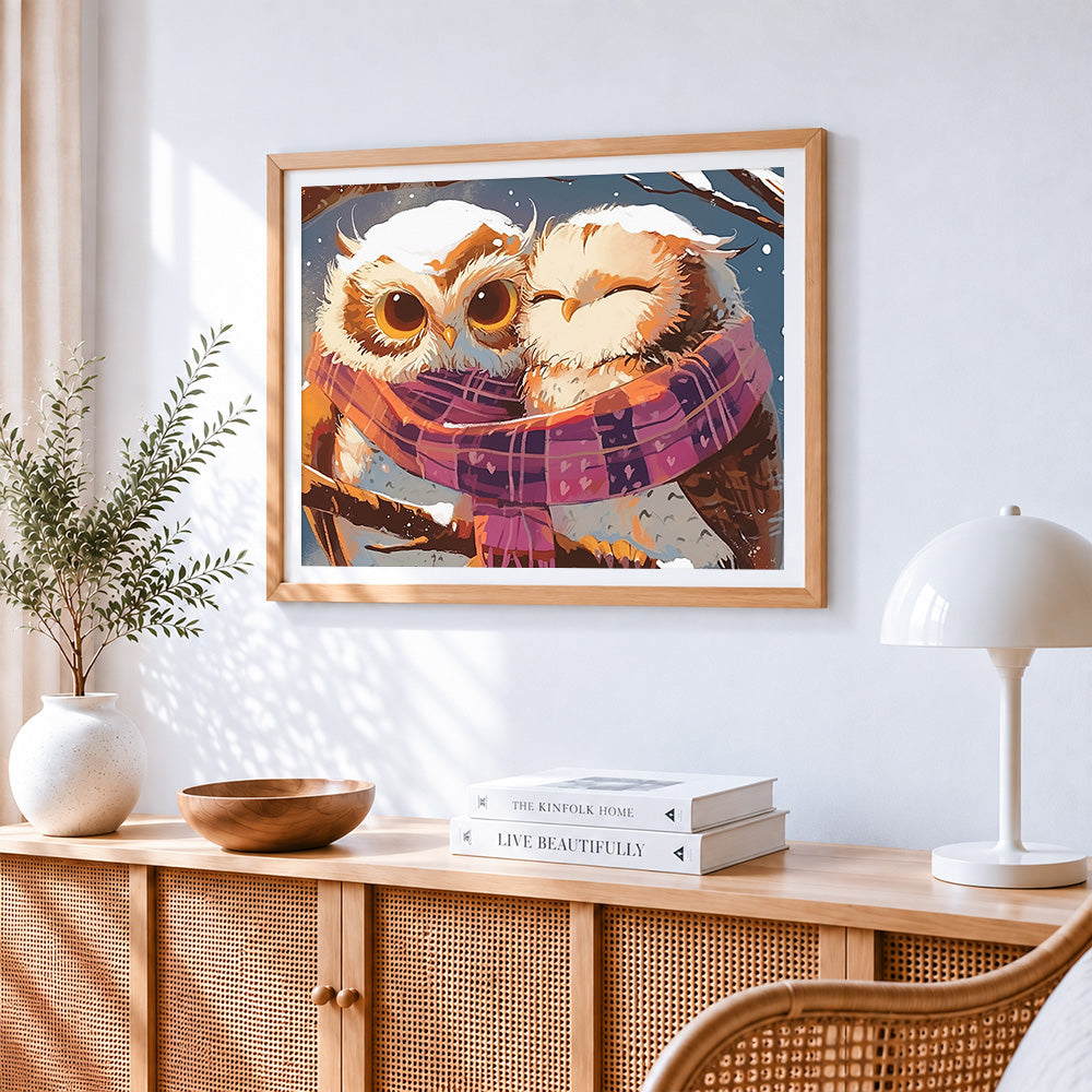 Cute owls sharing a cosy scarf cross stitch artwork displayed on wall as home decor