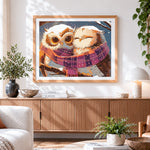 Finished cute owls sharing a cosy scarf paint by numbers artwork displayed as home decor