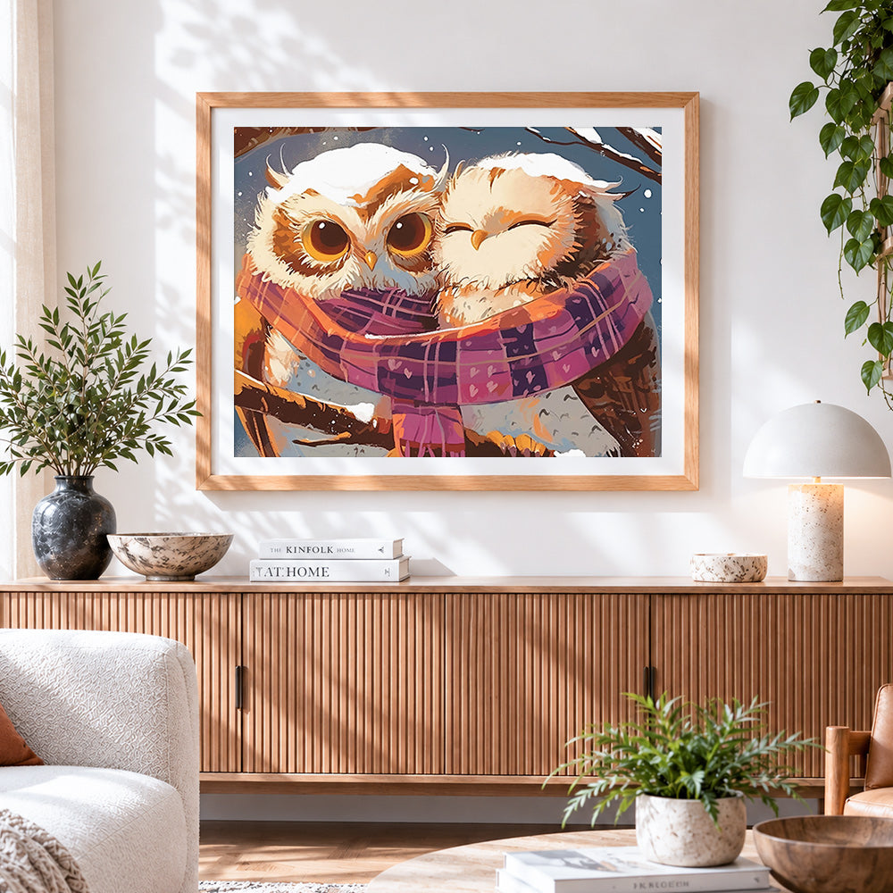Finished cute owls sharing a cosy scarf paint by numbers artwork displayed as home decor