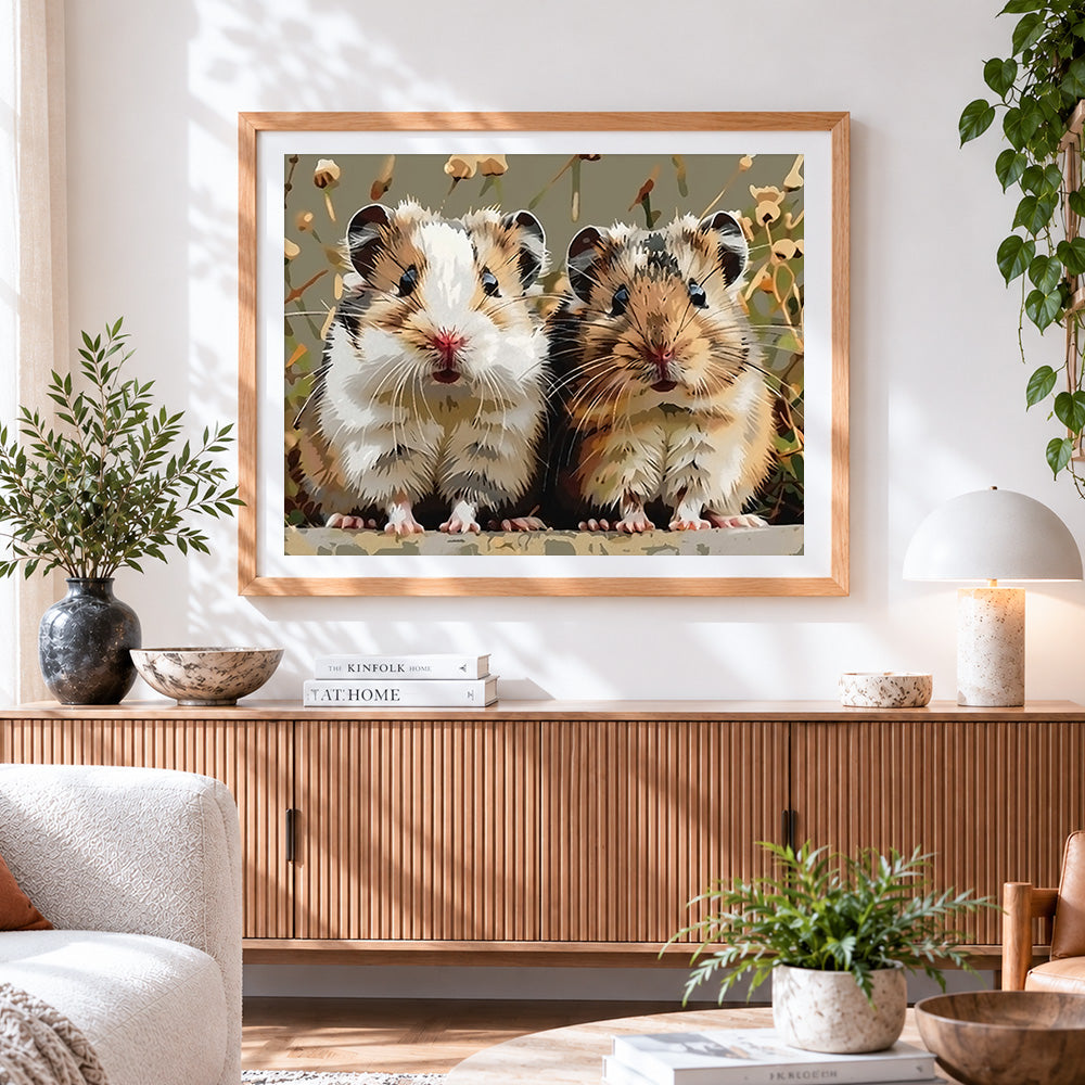 Finished cute pair of hamsters paint by numbers artwork displayed as home decor