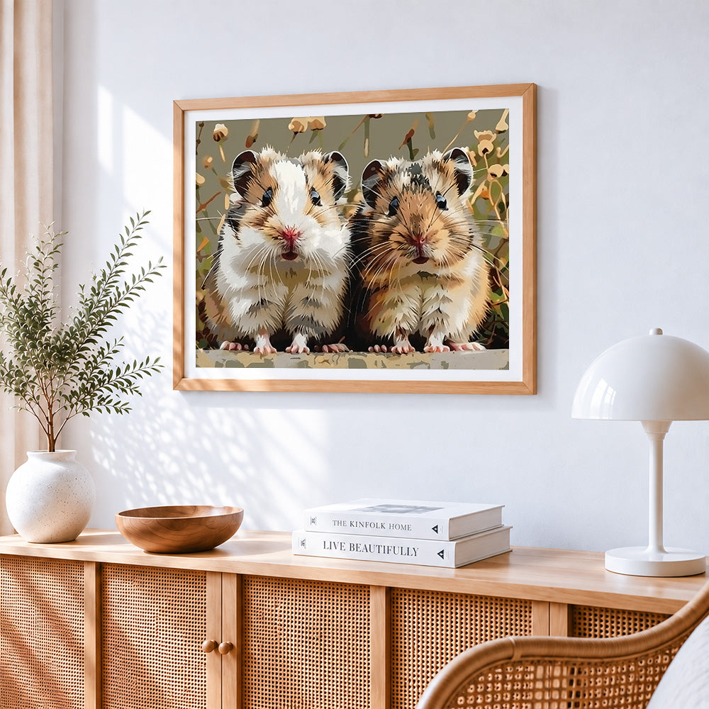 Cute pair of hamsters paint by numbers artwork displayed on wall as home decor
