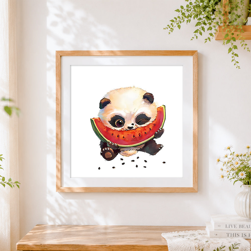 Finished cute panda eating watermelon cross stitch artwork displayed