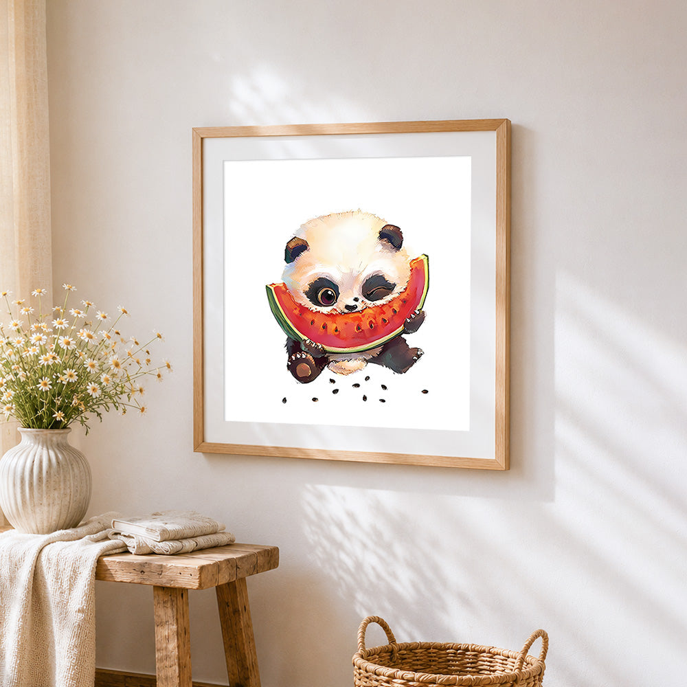 Cute panda eating watermelon cross stitch artwork displayed on wall as home decor