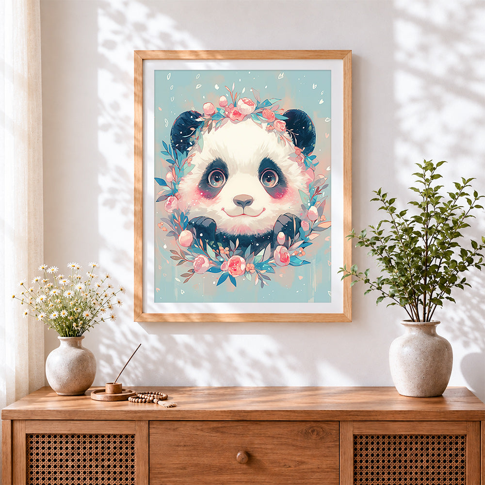 Finished cute panda with floral crown cross stitch artwork displayed