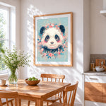 Cute panda with floral crown cross stitch artwork displayed on wall as home decor