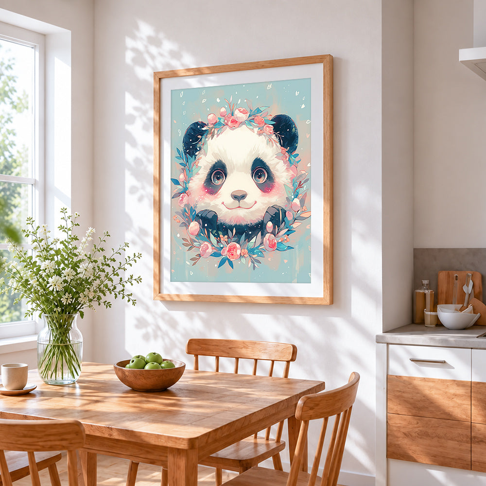 Cute panda with floral crown cross stitch artwork displayed on wall as home decor