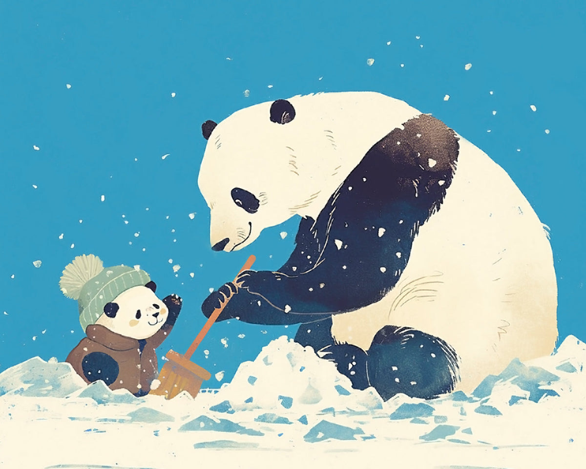 Cute pandas building a snowman cross stitch kit for beginners