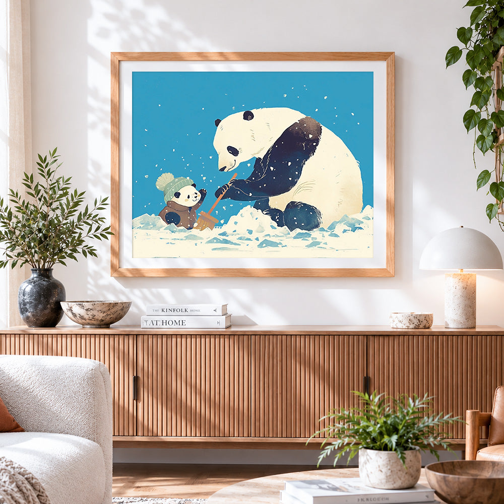 Finished cute pandas building a snowman paint by numbers artwork displayed as home decor